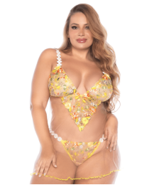 Nuisette grande taille transparente brodée jaune et string - MAL7608XSUBS